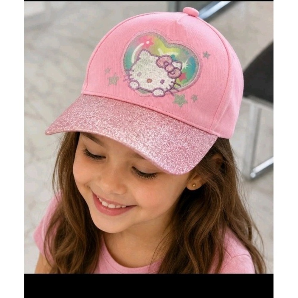 Hello Kitty Girls Pink Glitter Baseball Cap Hat Rainbow Heart Sanrio NWT Size...